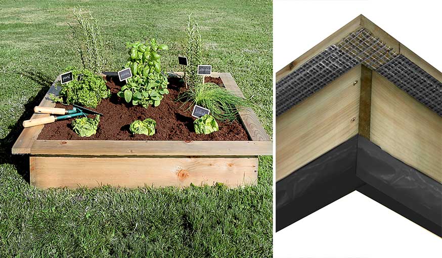 carrés de potager anti-limaces avec des grilles à mailles carrées fixées sous le rebord