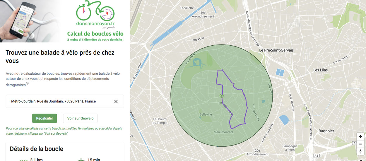 Ce site calcule des promenades à vélo autour de chez vous en restant dans un rayon d'1 km