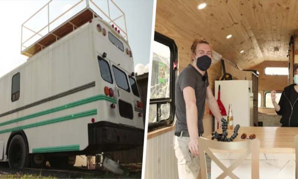 Ce couple a transformé un bus scolaire en tiny house avec une terrasse !