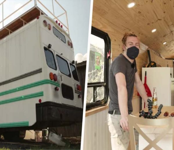 Ce couple a transformé un bus scolaire en tiny house avec une terrasse !