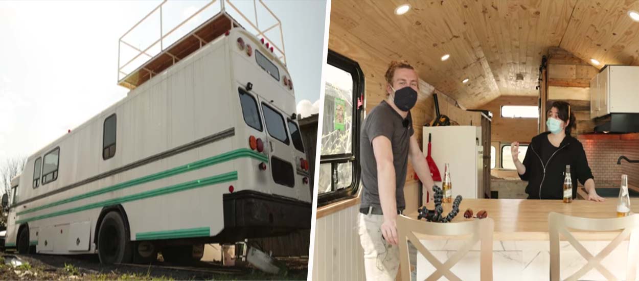 Ce couple a transformé un bus scolaire en tiny house avec une terrasse !