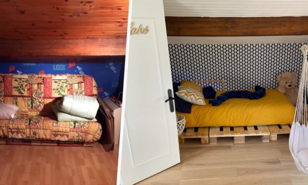 Avant / Après : Une chambre d'enfant sous les combles, avec lit en palette et fauteuil suspendu
