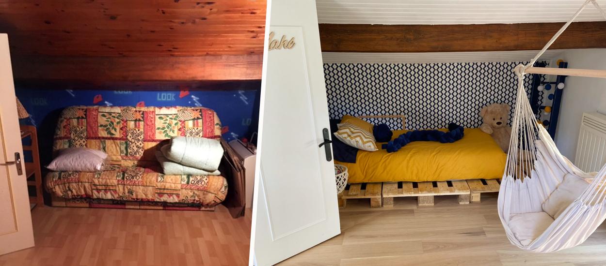 Avant / Après : Une chambre d'enfant sous les combles, avec lit en palette et fauteuil suspendu