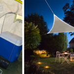 Image de gauche : Un homme pêche à côté d'un générateur électrique. Image de droite : un salon de jardin, la nuit, éclairé par des luminaires et un voile d'ombrage solaire