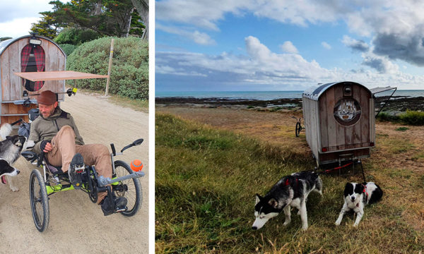 Max s'est construit un vélo-roulotte pour faire le tour de France avec ses 2 fidèles compagnons