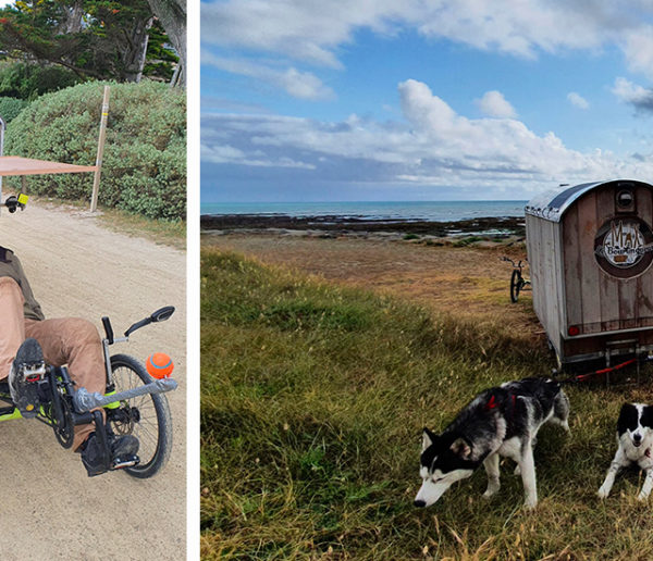 Max s'est construit un vélo-roulotte pour faire le tour de France avec ses 2 fidèles compagnons