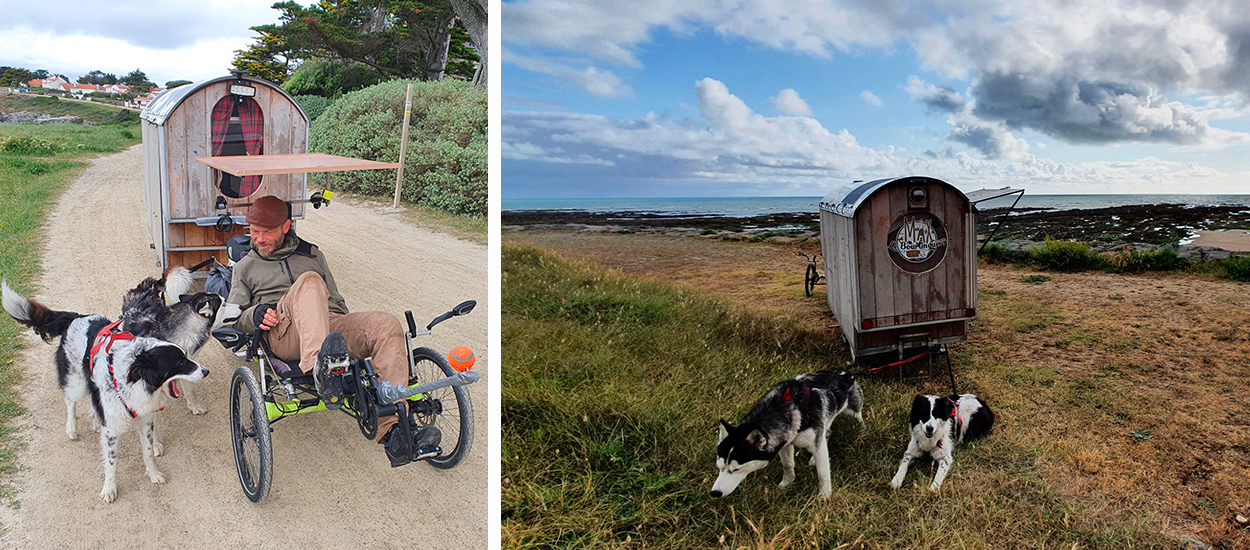 Max s'est construit un vélo-roulotte pour faire le tour de France avec ses 2 fidèles compagnons