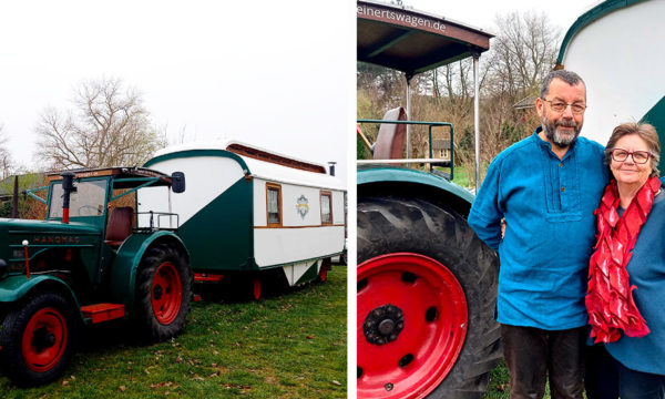 Ce couple de retraités allemands voyage dans une roulotte de cirque tirée par un tracteur