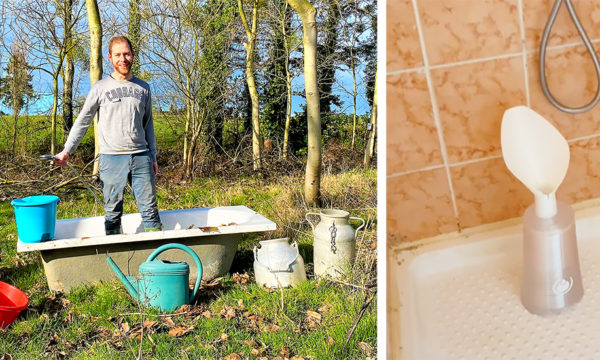 Pour lutter contre le gaspillage, il met au point un récupérateur d'eau à utiliser sous la douche