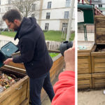 Des gens mettent leurs déchets bio dans un compost
