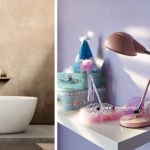une déco de salle de bains et une lampe de bureau pour enfant, avec des murs de couleur